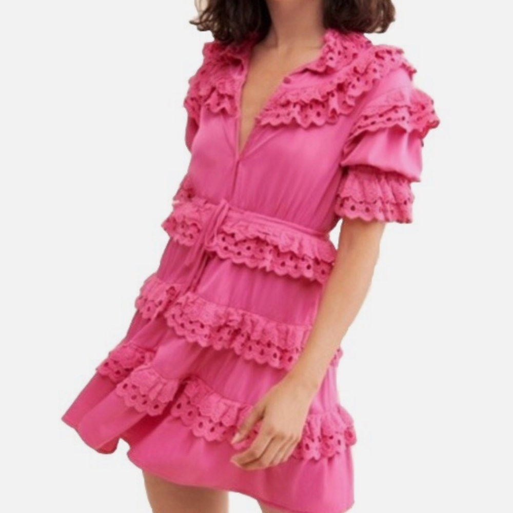 Celia B Pink Cherry Mini Dress Puff Short Sleeve Tiered Textured Party Cocktail
